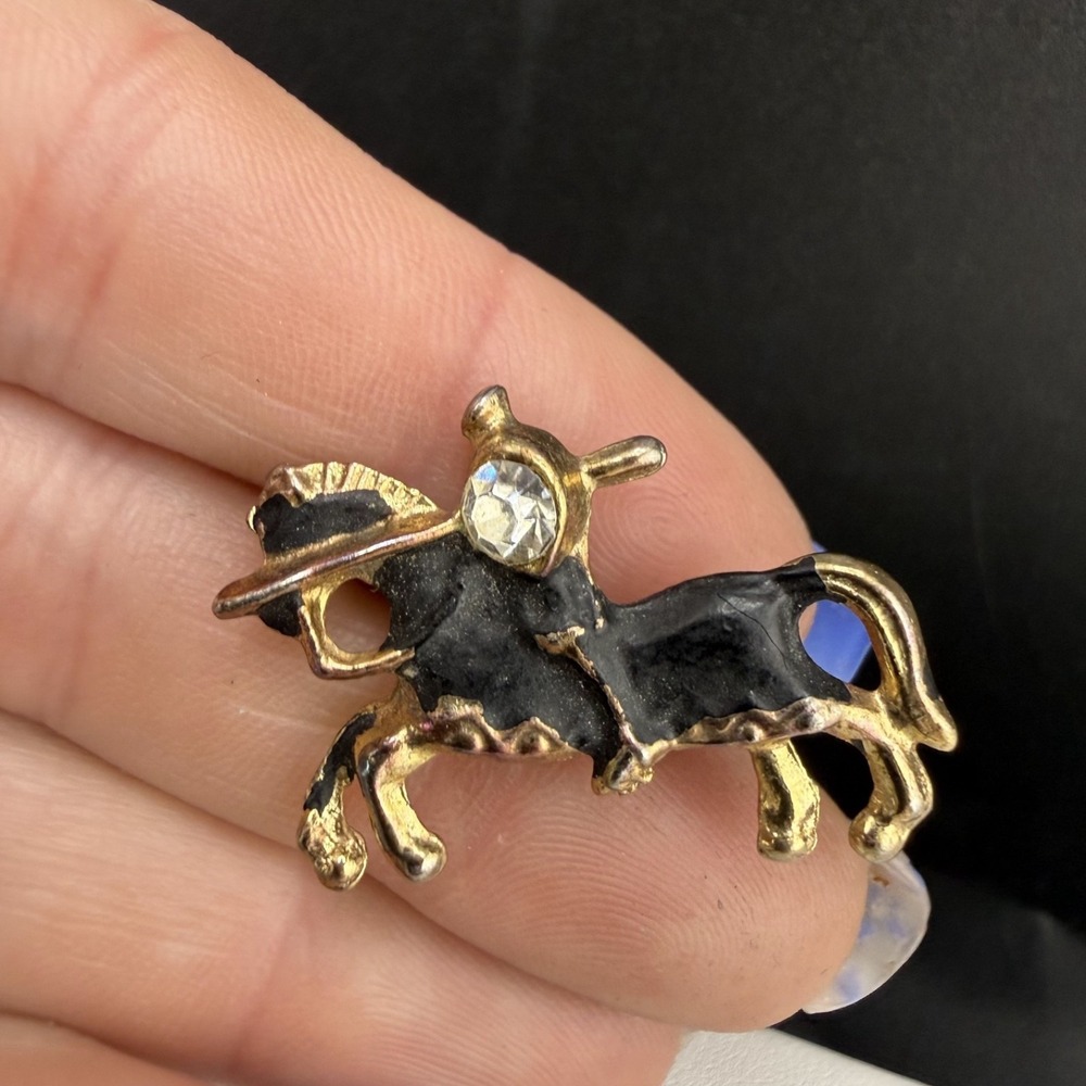 Vintage Estate Brooch Horse Gold Black Enamel Matte Rhinestone Animal